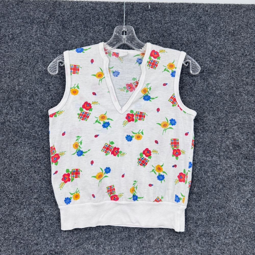 Vintage Floral Ladybug Knit V-Neck Top Women Small White Retro Cottagecore